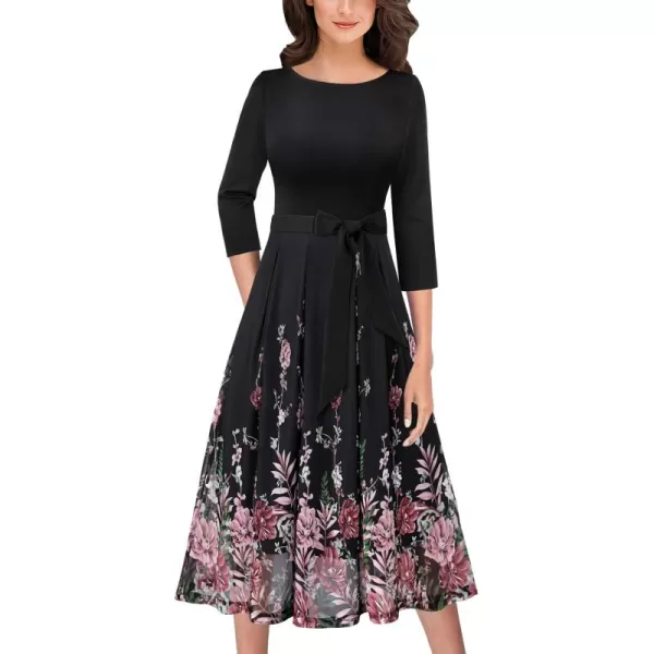 VFSHOW Womens Elegant Pockets Belted Work Business Office Casual Party Pleated ALine Midi DressBlack and Multi Floral Print