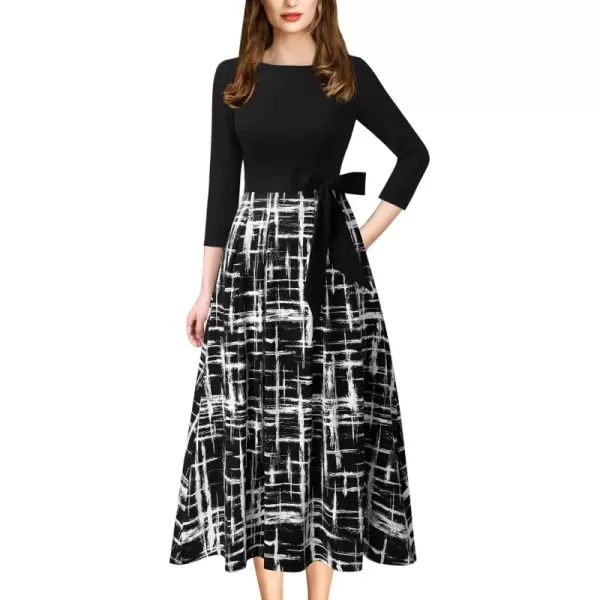 VFSHOW Womens Elegant Pockets Belted Work Business Office Casual Party Pleated ALine Midi DressBlackblack and White Geometric Print