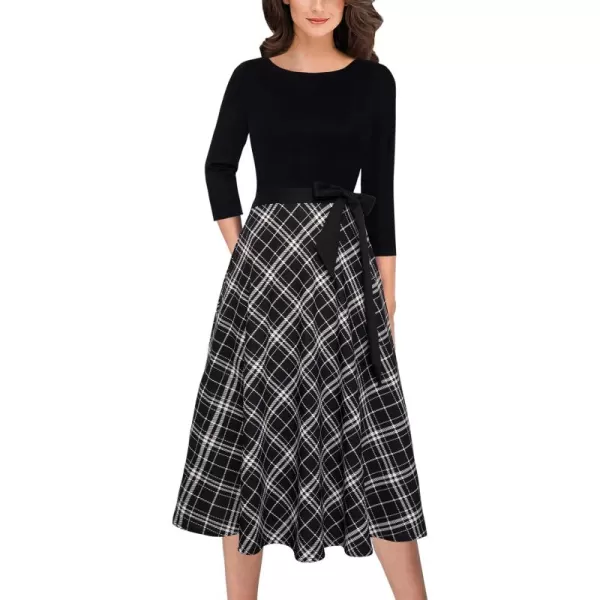 VFSHOW Womens Elegant Pockets Belted Work Business Office Casual Party Pleated ALine Midi DressBlackcheck Print