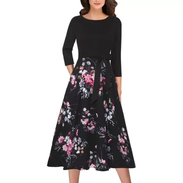 VFSHOW Womens Elegant Pockets Belted Work Business Office Casual Party Pleated ALine Midi DressBlackmulti Floral Print