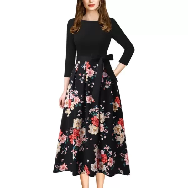 VFSHOW Womens Elegant Pockets Belted Work Business Office Casual Party Pleated ALine Midi DressBlackred Beige Floral Print