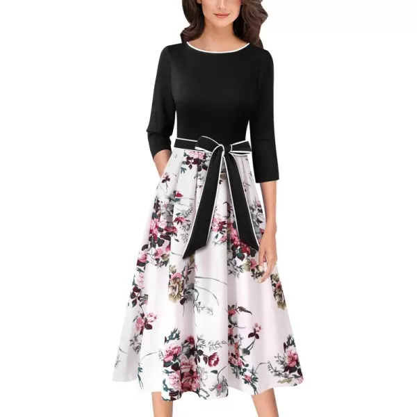 VFSHOW Womens Elegant Pockets Belted Work Business Office Casual Party Pleated ALine Midi DressBlackwhite Floral Print