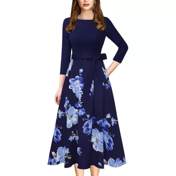 VFSHOW Womens Elegant Pockets Belted Work Business Office Casual Party Pleated ALine Midi DressDark Blue Blue White Floral Print