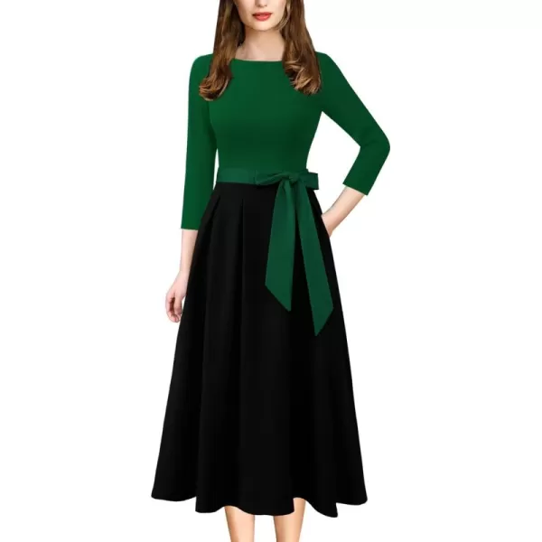 VFSHOW Womens Elegant Pockets Belted Work Business Office Casual Party Pleated ALine Midi DressDark Green and Black