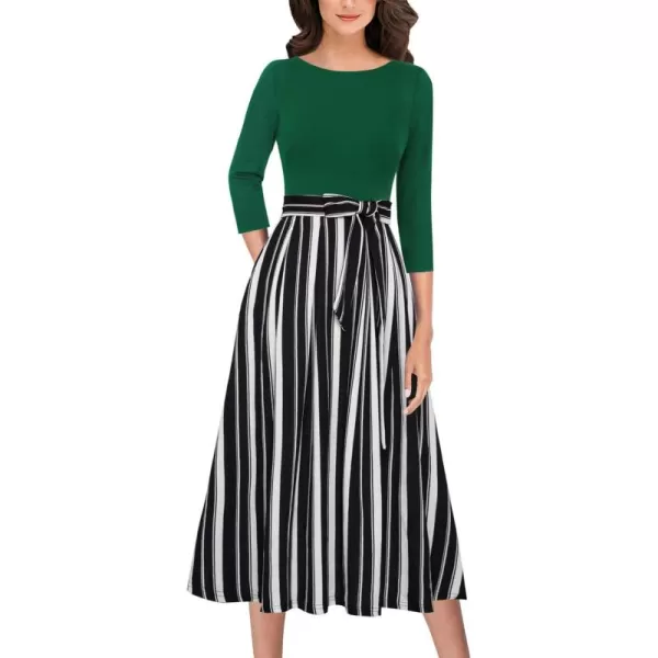 VFSHOW Womens Elegant Pockets Belted Work Business Office Casual Party Pleated ALine Midi DressGreenblack and White Striped