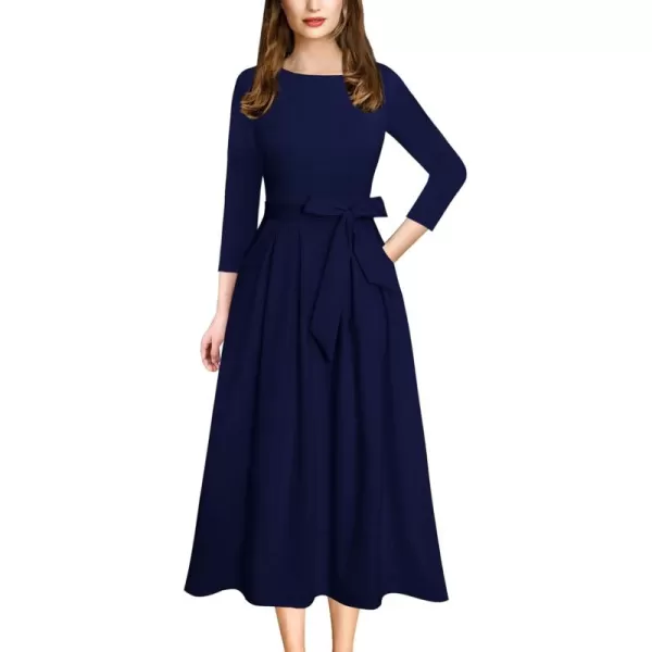 VFSHOW Womens Elegant Pockets Belted Work Business Office Casual Party Pleated ALine Midi DressNavy Blue