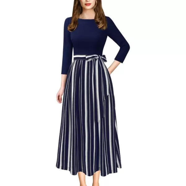 VFSHOW Womens Elegant Pockets Belted Work Business Office Casual Party Pleated ALine Midi DressNavy Blue and White Striped Print