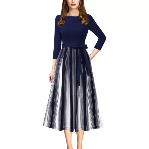 VFSHOW Womens Elegant Pockets Belted Work Business Office Casual Party Pleated ALine Midi DressNavy Bluestriped Print