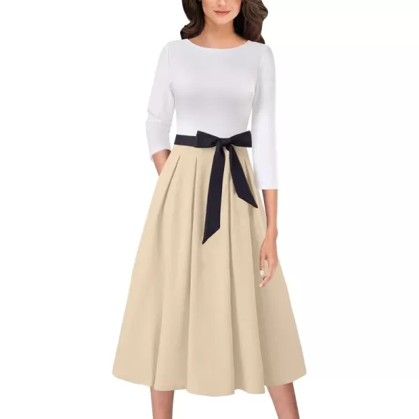 VFSHOW Womens Elegant Pockets Belted Work Business Office Casual Party Pleated ALine Midi DressOff White  Beige  Black