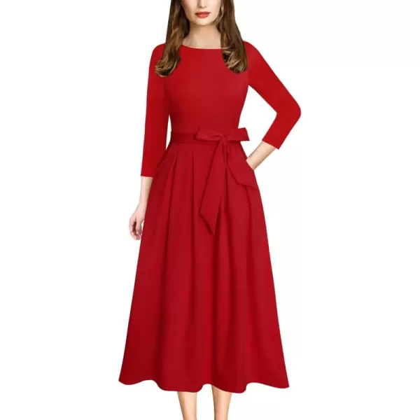 VFSHOW Womens Elegant Pockets Belted Work Business Office Casual Party Pleated ALine Midi DressRed