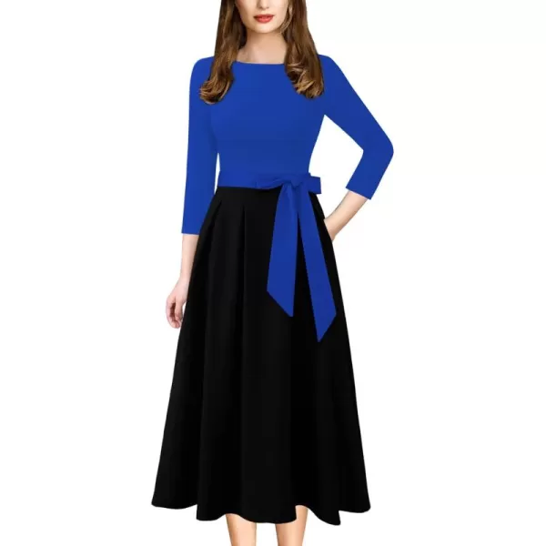 VFSHOW Womens Elegant Pockets Belted Work Business Office Casual Party Pleated ALine Midi DressRoyal Blue and Black