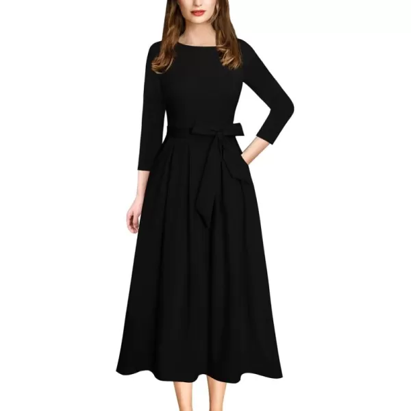 VFSHOW Womens Elegant Pockets Belted Work Business Office Casual Party Pleated ALine Midi DressSolid Black