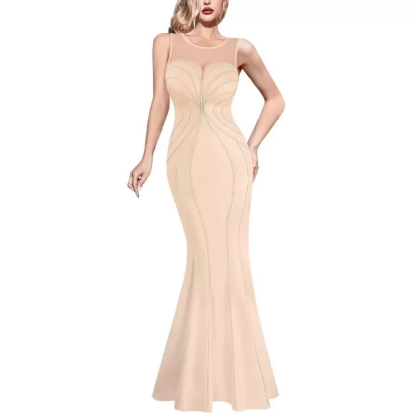 VFSHOW Womens Geometric Formal Prom Wedding Guest Mermaid Maxi Dress 2023 Sexy Illusion Sweetheart Neckline Evening Long GownBeige