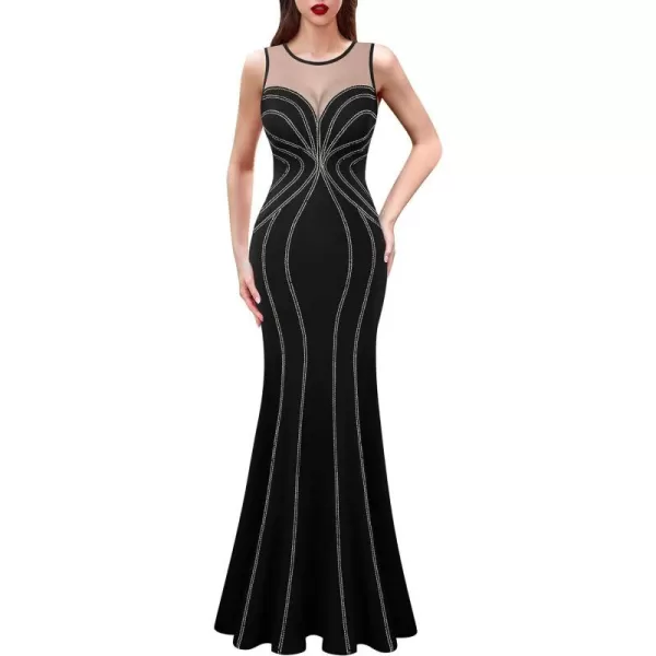 VFSHOW Womens Geometric Formal Prom Wedding Guest Mermaid Maxi Dress 2023 Sexy Illusion Sweetheart Neckline Evening Long GownBlack