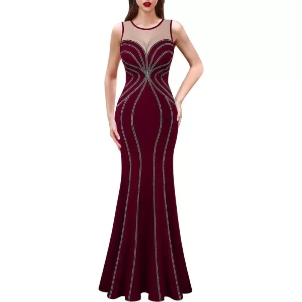 VFSHOW Womens Geometric Formal Prom Wedding Guest Mermaid Maxi Dress 2023 Sexy Illusion Sweetheart Neckline Evening Long GownDark Red