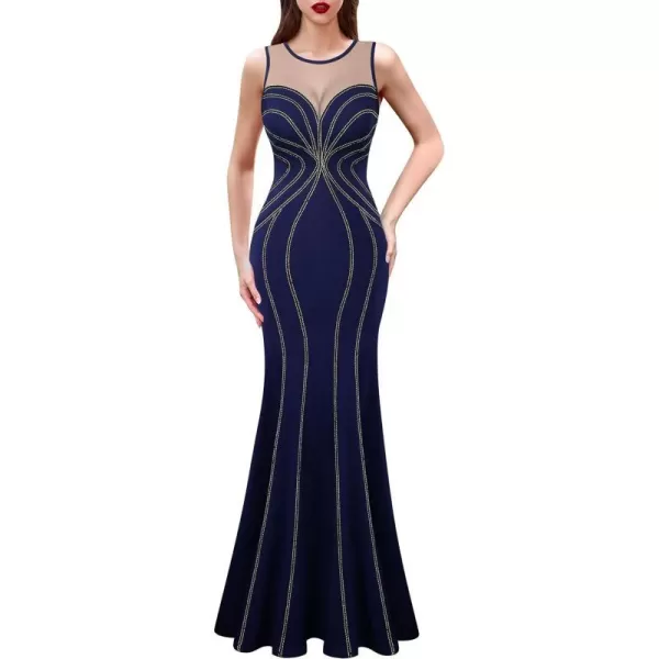 VFSHOW Womens Geometric Formal Prom Wedding Guest Mermaid Maxi Dress 2023 Sexy Illusion Sweetheart Neckline Evening Long GownNavy Blue