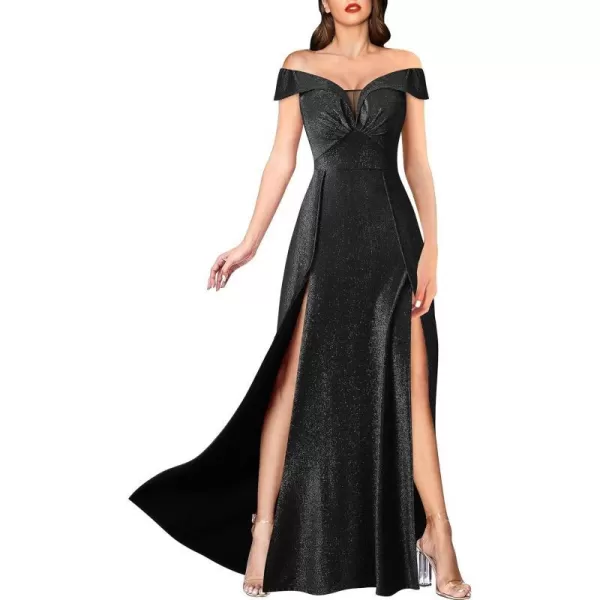 VFSHOW Womens Off Shoulder Ruched V Neck Double Slit Formal ALine Maxi Dress 2023 Wedding Guest Cocktail Evening Long Gown2sparkly Black