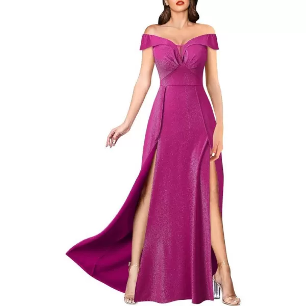 VFSHOW Womens Off Shoulder Ruched V Neck Double Slit Formal ALine Maxi Dress 2023 Wedding Guest Cocktail Evening Long Gown2sparkly Hot Pink