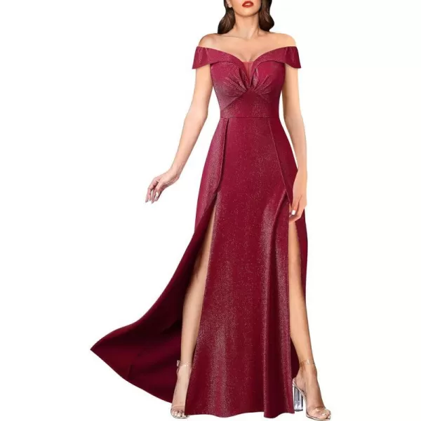 VFSHOW Womens Off Shoulder Ruched V Neck Double Slit Formal ALine Maxi Dress 2023 Wedding Guest Cocktail Evening Long Gown2sparkly Red