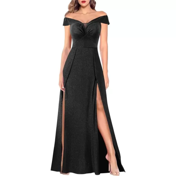 VFSHOW Womens Off Shoulder Ruched V Neck Double Slit Formal ALine Maxi Dress 2023 Wedding Guest Cocktail Evening Long Gown3sparkly Black