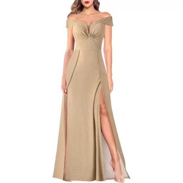 VFSHOW Womens Off Shoulder Ruched V Neck Double Slit Formal ALine Maxi Dress 2023 Wedding Guest Cocktail Evening Long Gown3sparkly Champagne