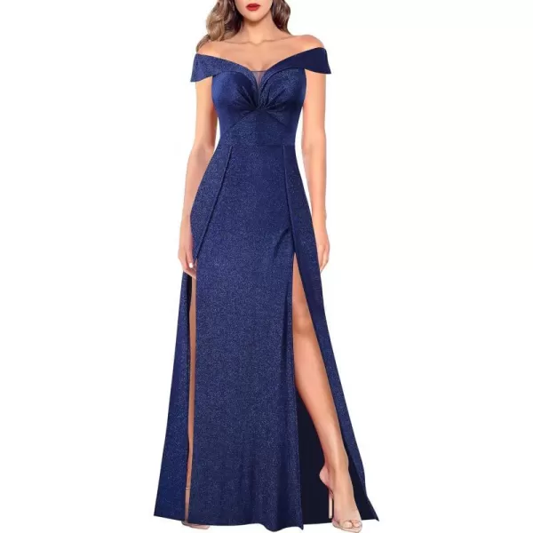 VFSHOW Womens Off Shoulder Ruched V Neck Double Slit Formal ALine Maxi Dress 2023 Wedding Guest Cocktail Evening Long Gown3sparkly Dark Blue