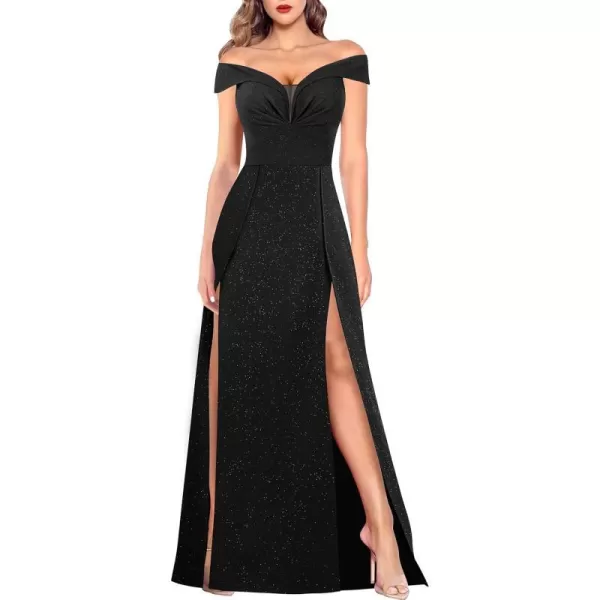 VFSHOW Womens Off Shoulder Ruched V Neck Double Slit Formal ALine Maxi Dress 2023 Wedding Guest Cocktail Evening Long GownSparkly Black