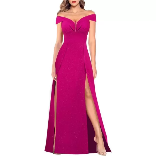 VFSHOW Womens Off Shoulder Ruched V Neck Double Slit Formal ALine Maxi Dress 2023 Wedding Guest Cocktail Evening Long GownSparkly Hot Pink