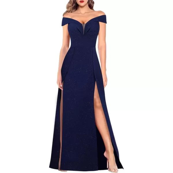 VFSHOW Womens Off Shoulder Ruched V Neck Double Slit Formal ALine Maxi Dress 2023 Wedding Guest Cocktail Evening Long GownSparkly Navy Blue