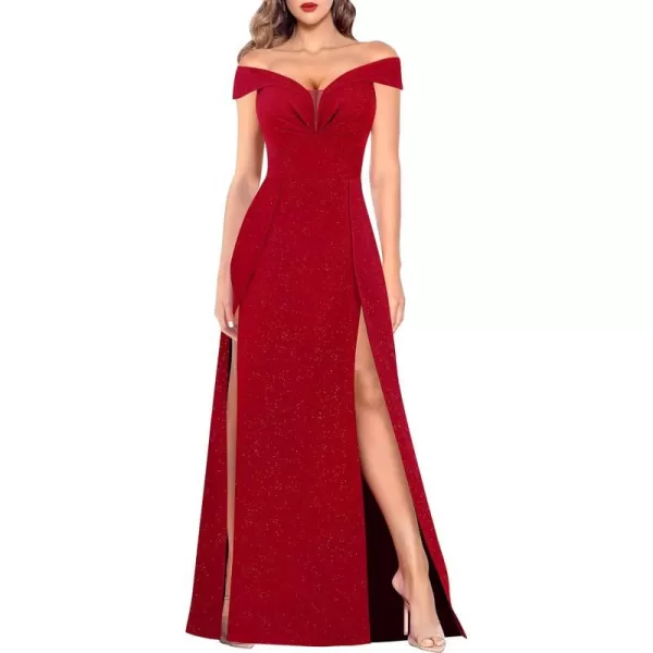 VFSHOW Womens Off Shoulder Ruched V Neck Double Slit Formal ALine Maxi Dress 2023 Wedding Guest Cocktail Evening Long GownSparkly Red