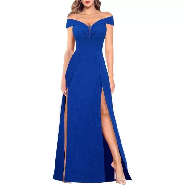 VFSHOW Womens Off Shoulder Ruched V Neck Double Slit Formal ALine Maxi Dress 2023 Wedding Guest Cocktail Evening Long GownSparkly Royal Blue