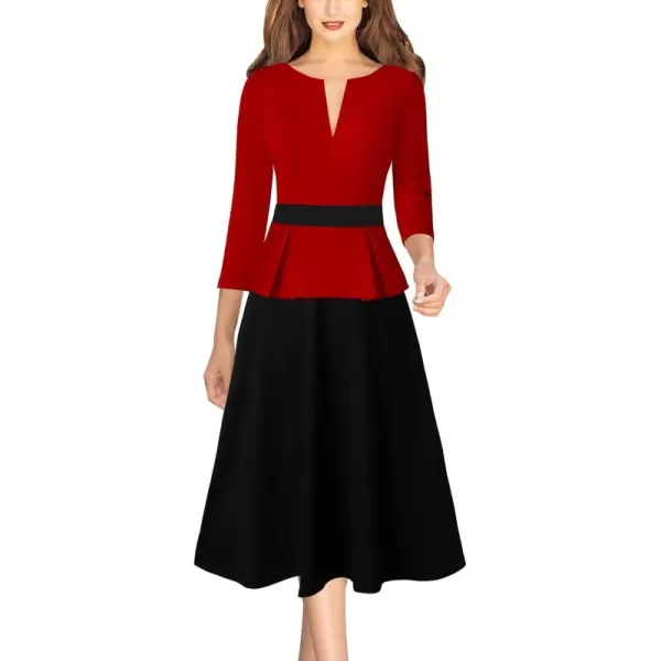 VFSHOW Womens Red Black Peplum Patchwork Slim Front Zipper Work Business Office ALine Midi MidCalf Dress 10096 RED M