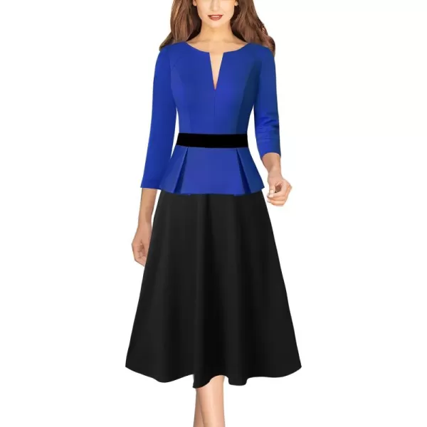 VFSHOW Womens Royal Blue Black Peplum Patchwork Slim Front Zipper Work Business Office ALine Midi MidCalf Dress 10096 BLU XL