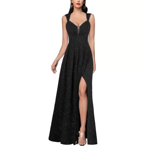 VFSHOW Womens Sexy Backless Ruched Formal Pleated ALine Maxi Dress Sweetheart V Neckline Wide Strap Split 2023 Evening GownSparkly Black