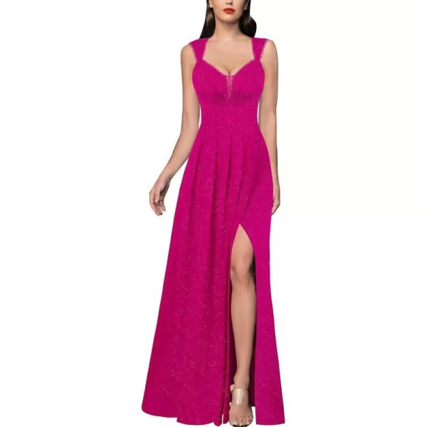 VFSHOW Womens Sexy Backless Ruched Formal Pleated ALine Maxi Dress Sweetheart V Neckline Wide Strap Split 2023 Evening GownSparkly Hot Pink