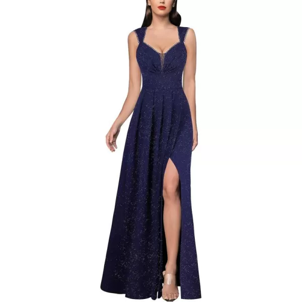 VFSHOW Womens Sexy Backless Ruched Formal Pleated ALine Maxi Dress Sweetheart V Neckline Wide Strap Split 2023 Evening GownSparkly Navy Blue