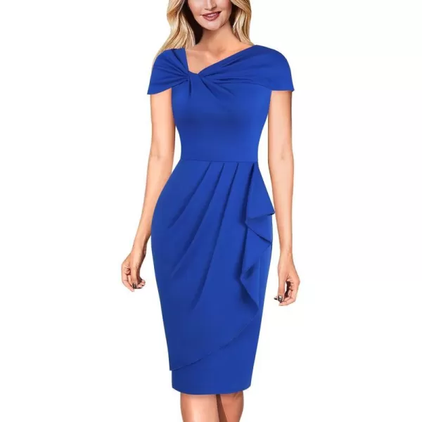 VFSHOW Womens Twist V Neck Vintage Cocktail Party Pleated Waist Ruffle Bodycon Pencil Sheath DressBlue