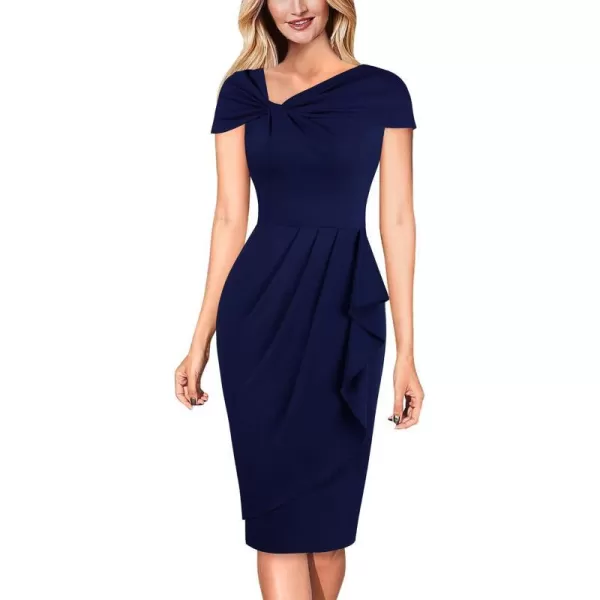 VFSHOW Womens Twist V Neck Vintage Cocktail Party Pleated Waist Ruffle Bodycon Pencil Sheath DressDark Blue