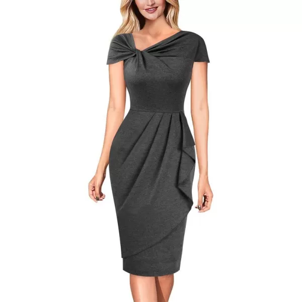 VFSHOW Womens Twist V Neck Vintage Cocktail Party Pleated Waist Ruffle Bodycon Pencil Sheath DressDark Grey