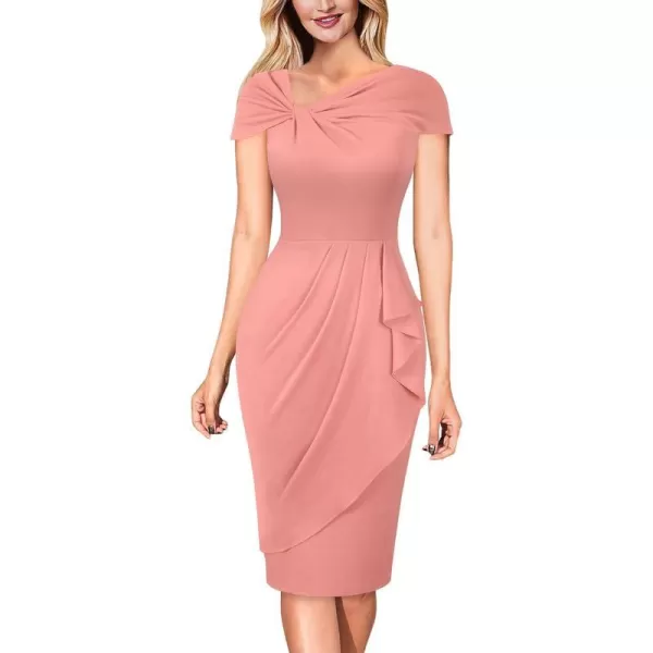 VFSHOW Womens Twist V Neck Vintage Cocktail Party Pleated Waist Ruffle Bodycon Pencil Sheath DressPeach Pink