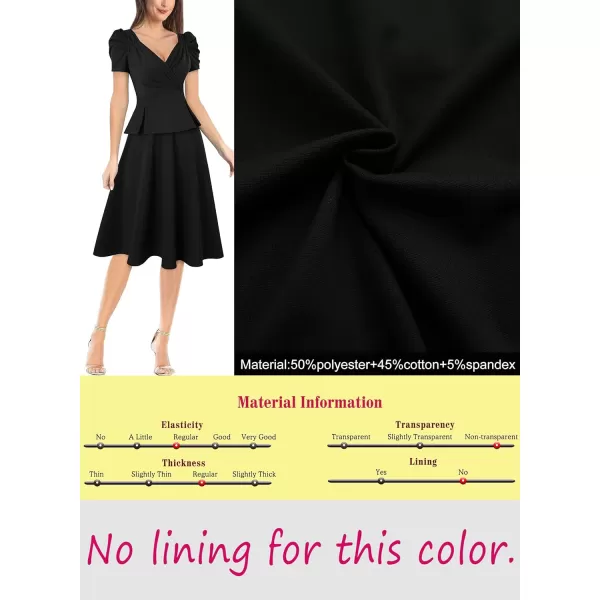 VFSHOW Womens 2024 Business Work Office Puff Sleeve Faux Wrap V Neck Peplum Fit and Flare A line DressBlack