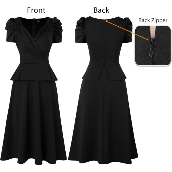 VFSHOW Womens 2024 Business Work Office Puff Sleeve Faux Wrap V Neck Peplum Fit and Flare A line DressBlack