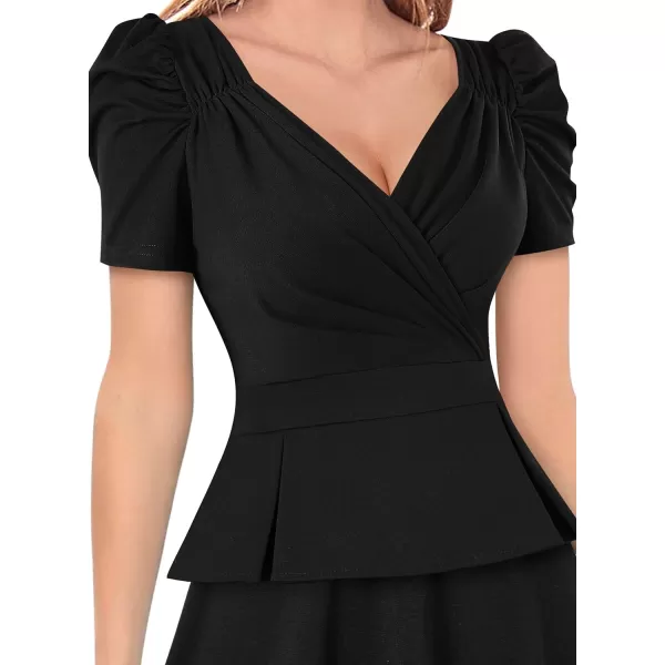 VFSHOW Womens 2024 Business Work Office Puff Sleeve Faux Wrap V Neck Peplum Fit and Flare A line DressBlack