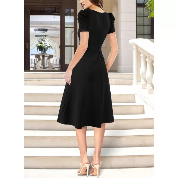 VFSHOW Womens 2024 Business Work Office Puff Sleeve Faux Wrap V Neck Peplum Fit and Flare A line DressBlack