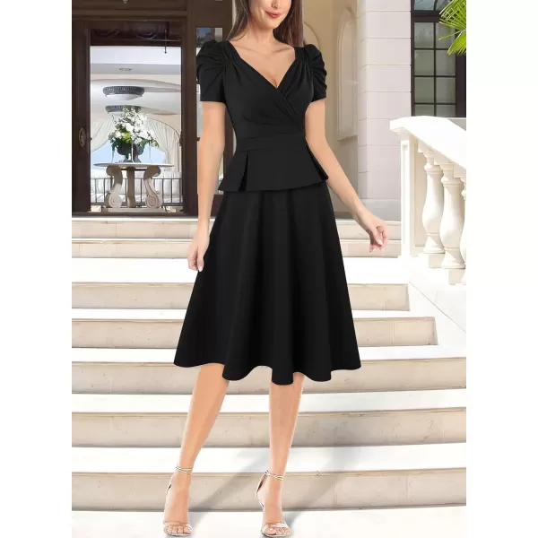 VFSHOW Womens 2024 Business Work Office Puff Sleeve Faux Wrap V Neck Peplum Fit and Flare A line DressBlack