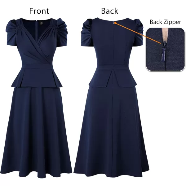 VFSHOW Womens 2024 Business Work Office Puff Sleeve Faux Wrap V Neck Peplum Fit and Flare A line DressDark Blue