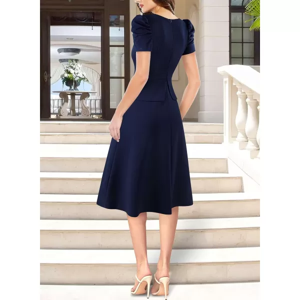 VFSHOW Womens 2024 Business Work Office Puff Sleeve Faux Wrap V Neck Peplum Fit and Flare A line DressDark Blue