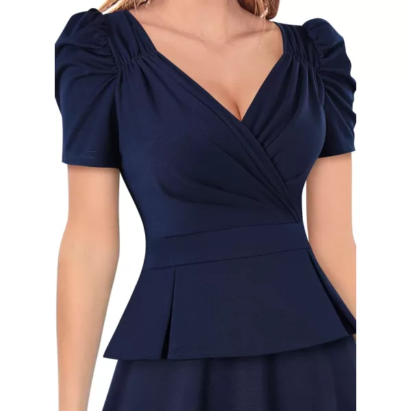 VFSHOW Womens 2024 Business Work Office Puff Sleeve Faux Wrap V Neck Peplum Fit and Flare A line DressDark Blue