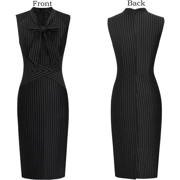 VFSHOW Womens Bow Tie V Neck Cocktail Work Business Bodycon Pencil DressBlack and White Stripes