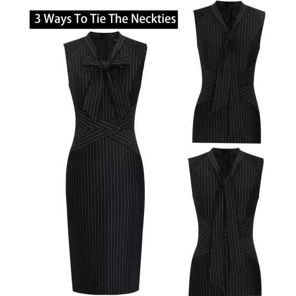 VFSHOW Womens Bow Tie V Neck Cocktail Work Business Bodycon Pencil DressBlack and White Stripes